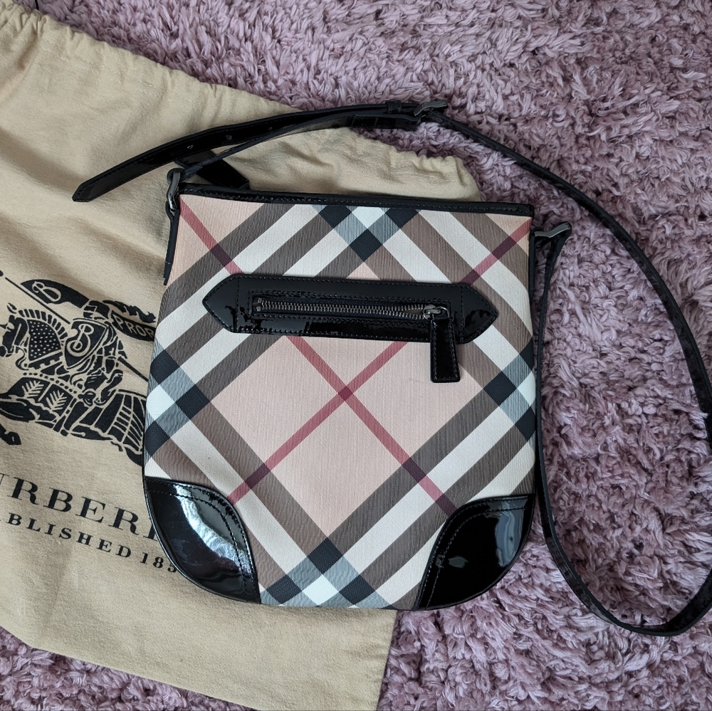 Burberry Nova Check Patent Leather Messenger Crossbody Bag.